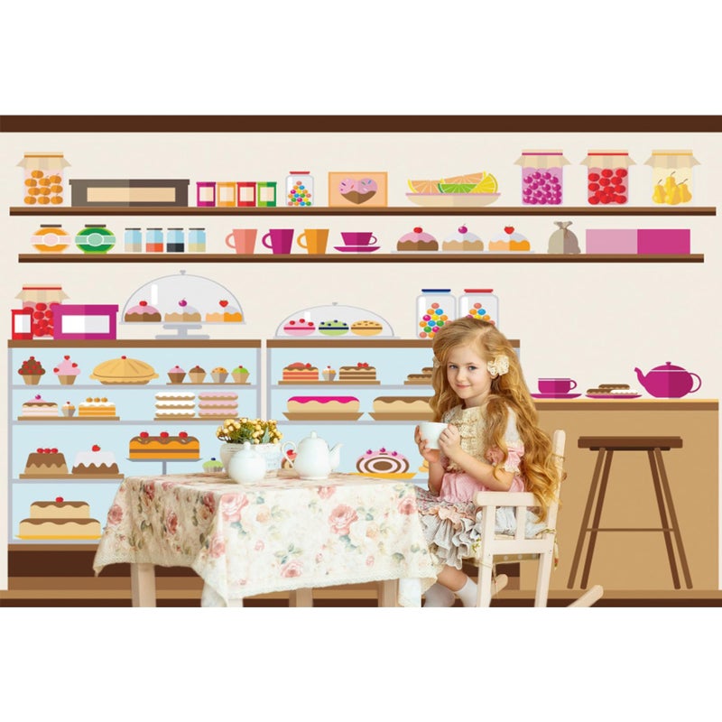 Baocicco 7x5ft Bakery Cafe Goods Shelf Backdrop Birthday Cake Lollipop Jelly Bean Cupcake Cartoon Sweets Shop Photography Background Bakery Shop Birthday Party for Girls Boys Portrait Photo Prop - Image 3